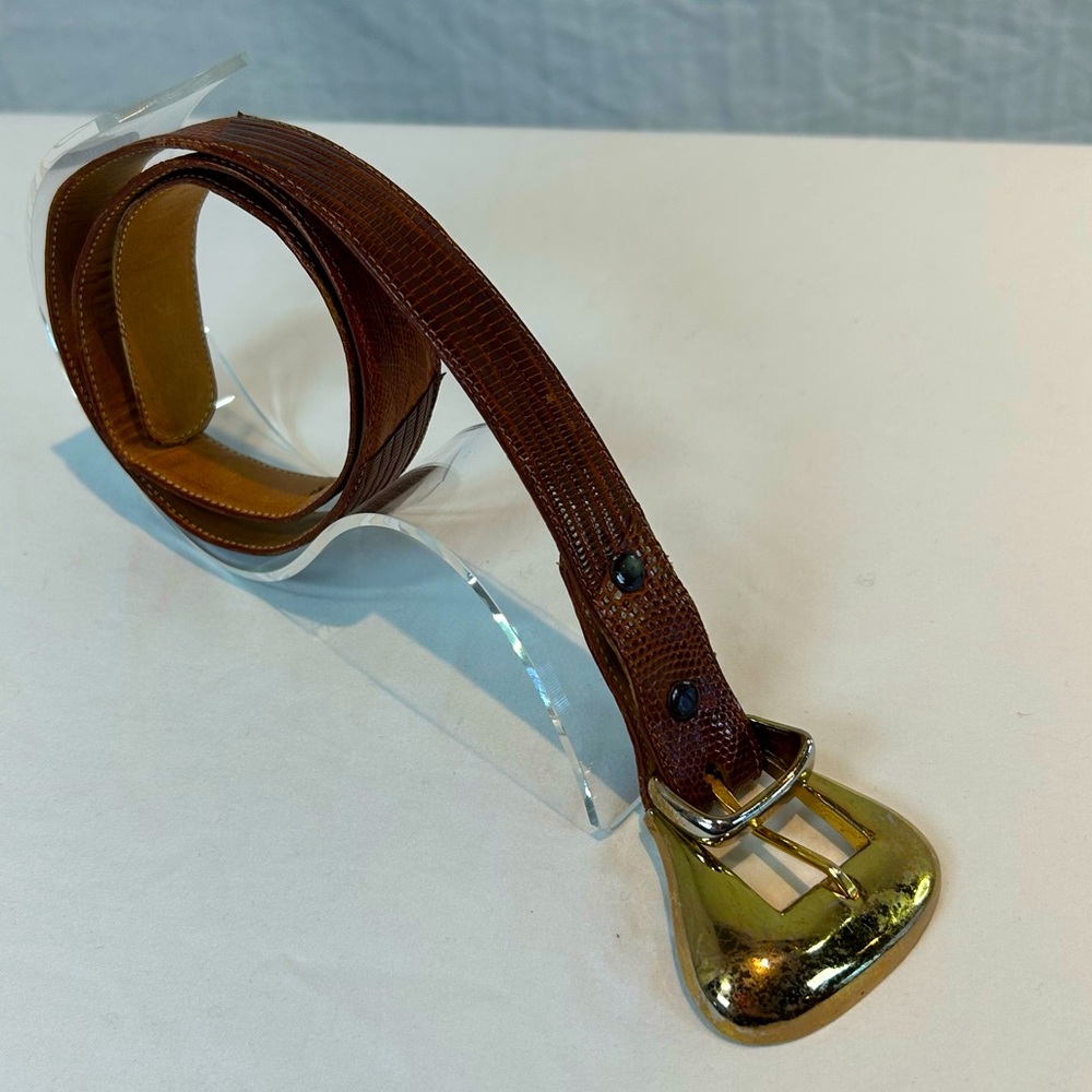 Ceintures Vintage Sz 28 Genuine Lizard Belt Pecan Brown Two Tone Buckle & Keeper